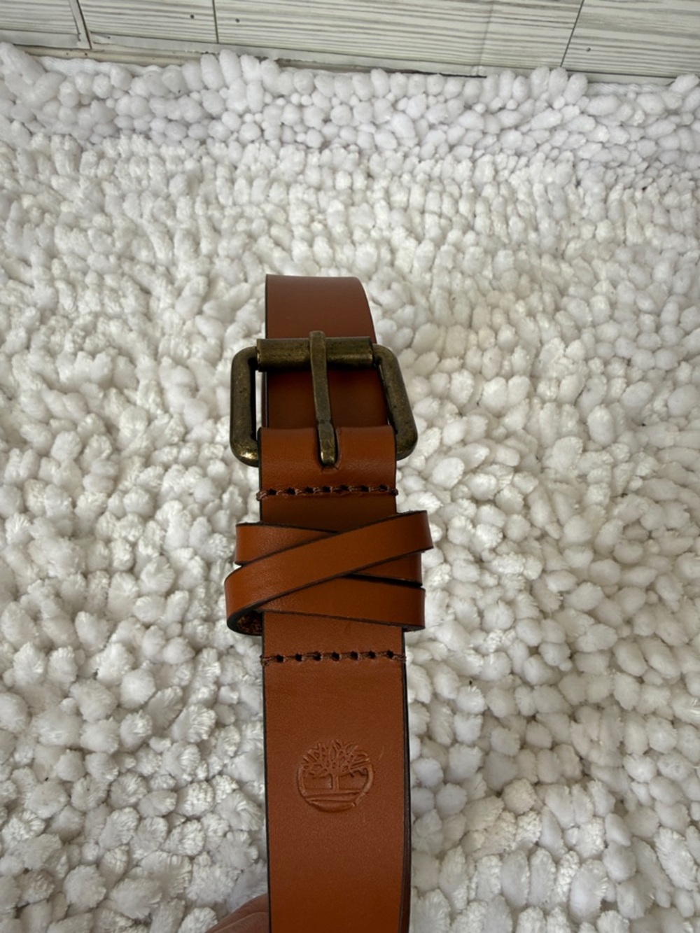 Timberland Men's Tan Leather Belt with Antique Brass Buckle